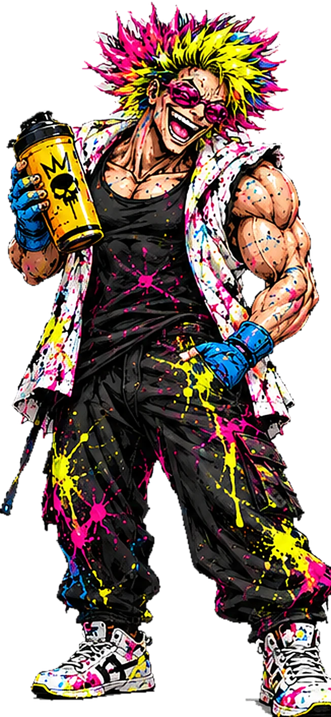 Mad Mayhem, the Make My Muscle mascot, laughing and holding a shaker